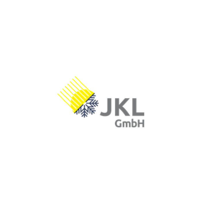 Das Logo von JKL GmbH zeigt eine gelbe Grafik mit Strahlen und einer Schneeflocke, die für Kühltechnologie steht.
