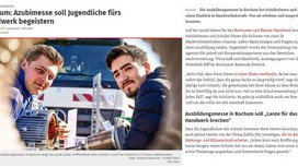 Auf der Ausbildungsmesse in Bochum zeigen zwei Azubis stolz ihre technischen Fähigkeiten und präsentieren einen Elektromotor.
